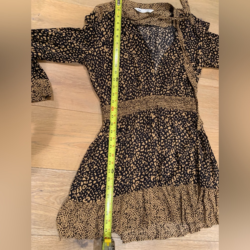 ZARA Leopard Print Festival Boho Date Night Long Sleeve Dress Tan Black Size M - Picture 5 of 8